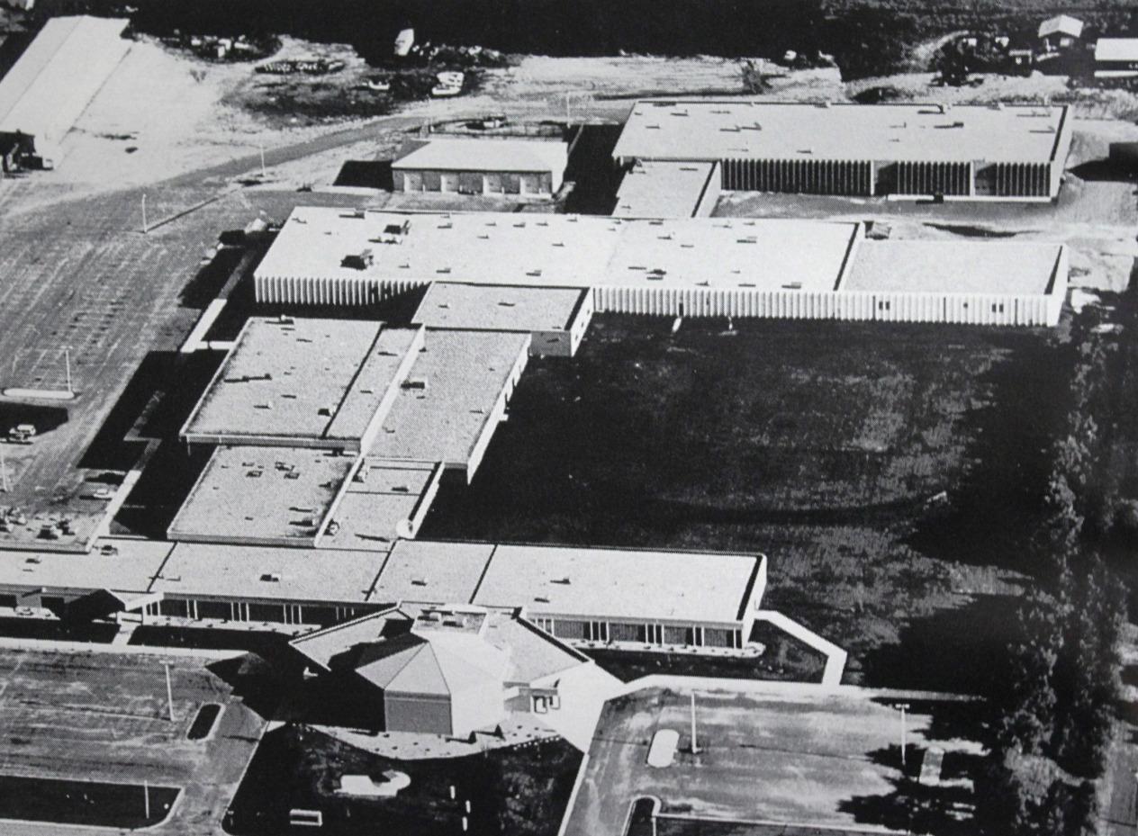 Black and white aerial view of campus